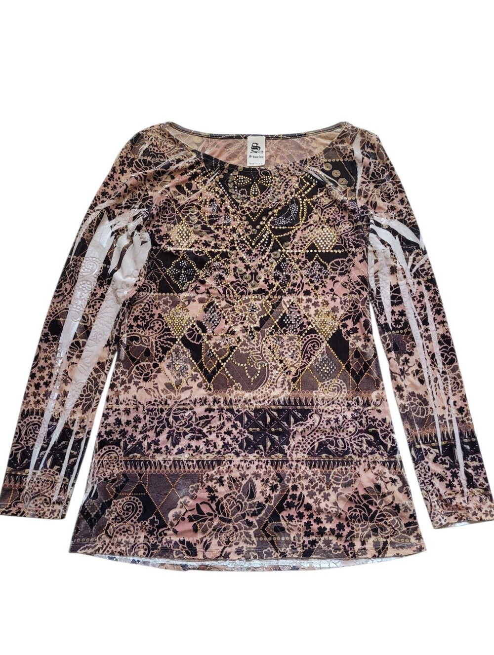 Y2K Burnout Velvet Rhinestone Made In USA Embellished Top S-Twelve Large